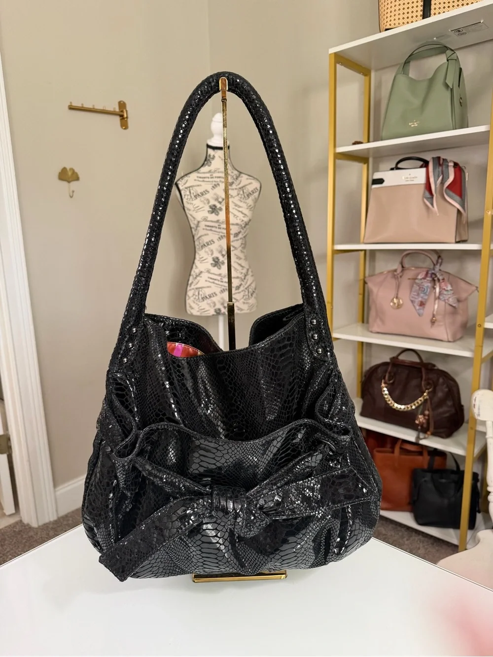 Perlina Black Snakeskin embossed patent leather Bow Shoulder Bag